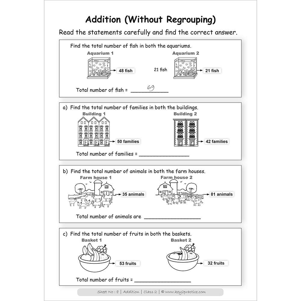 Addition (without regrouping) worksheets for grade 2