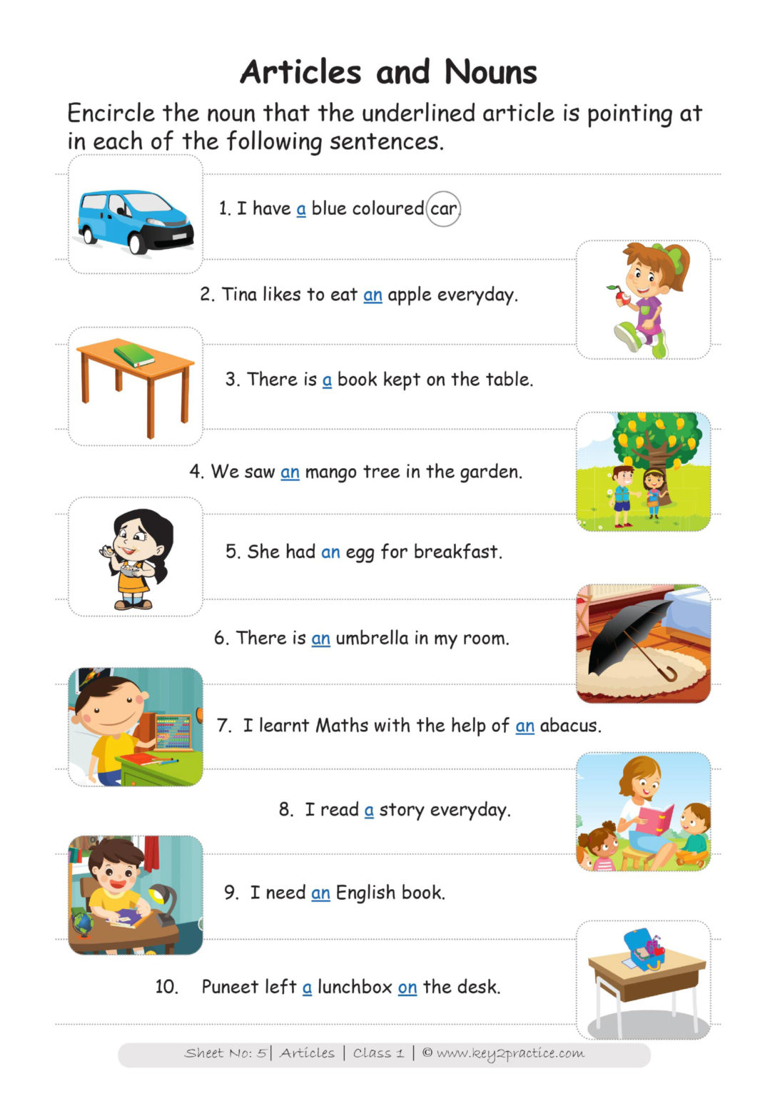 English Worksheets Grade 1 Chapter Articles - key2practice Workbooks