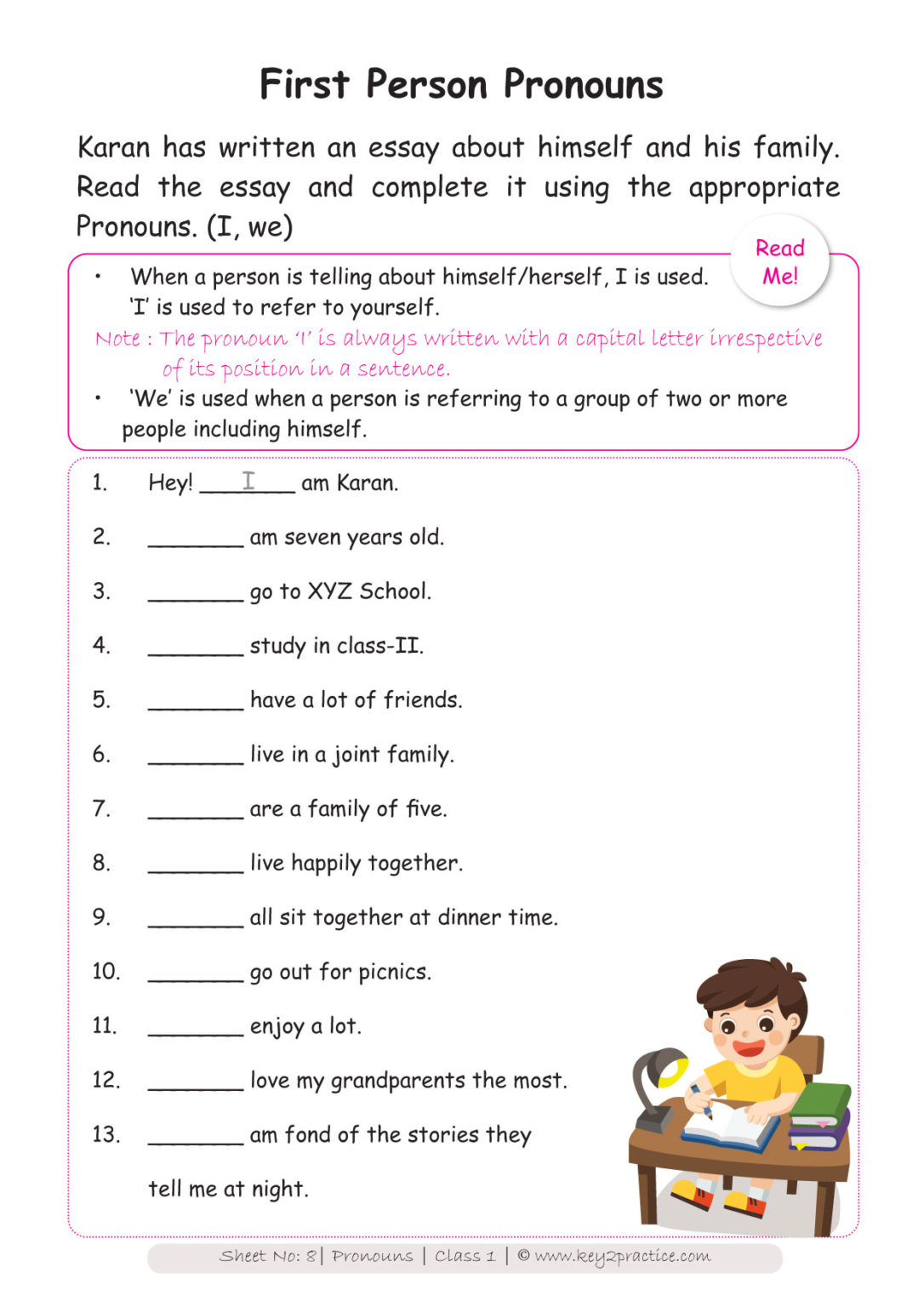 english worksheets grade 1 chapter pronouns key2practice