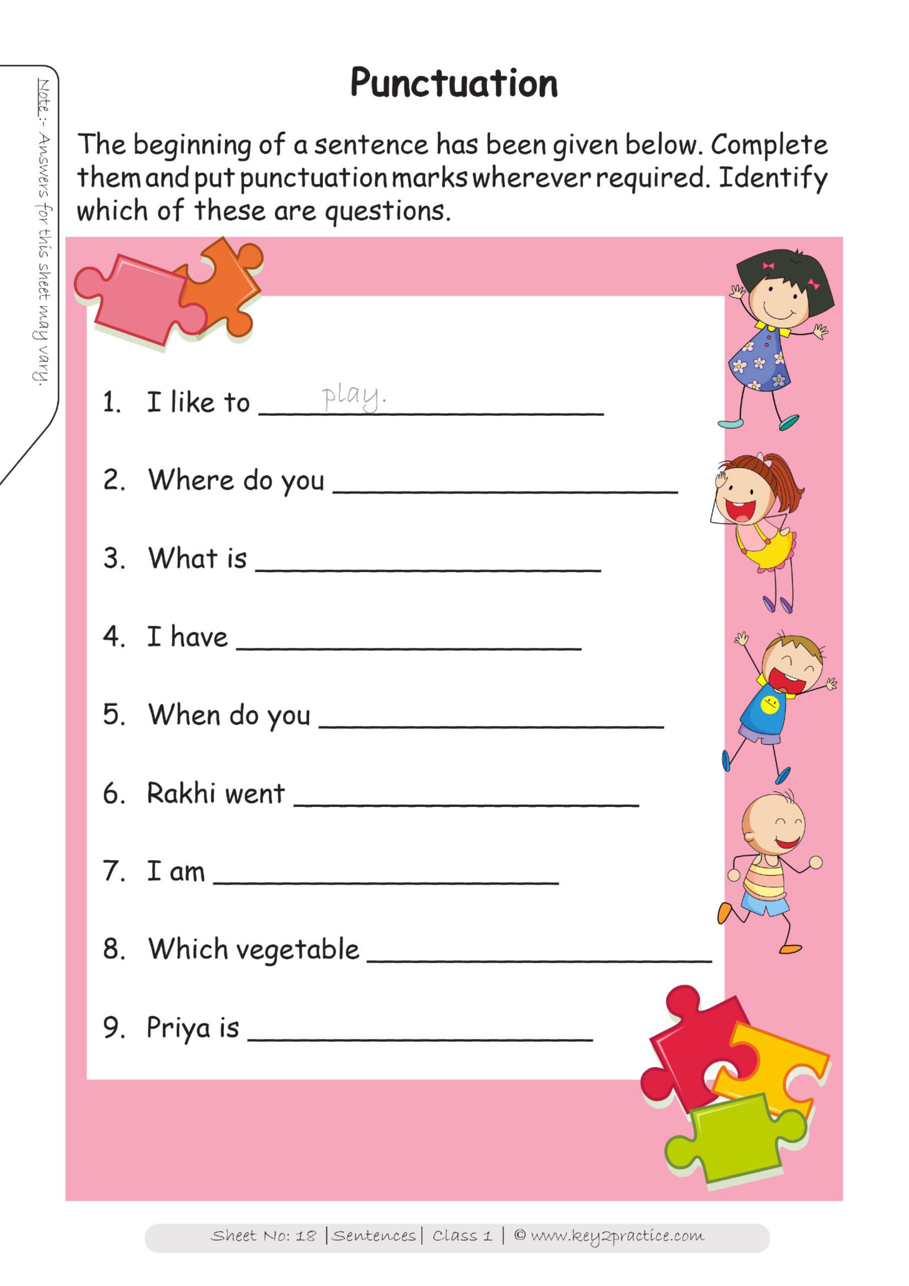 English Worksheets Grade 1 Workbook On Sentences Key2practice