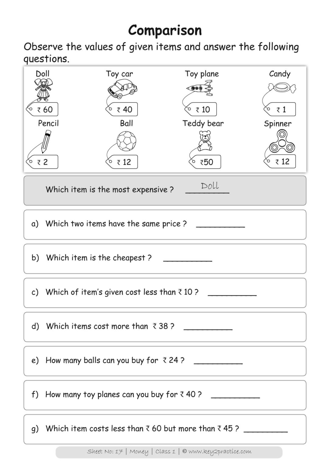 Sum Class for 1 Maths I Money Worksheets - key2practice Workbooks