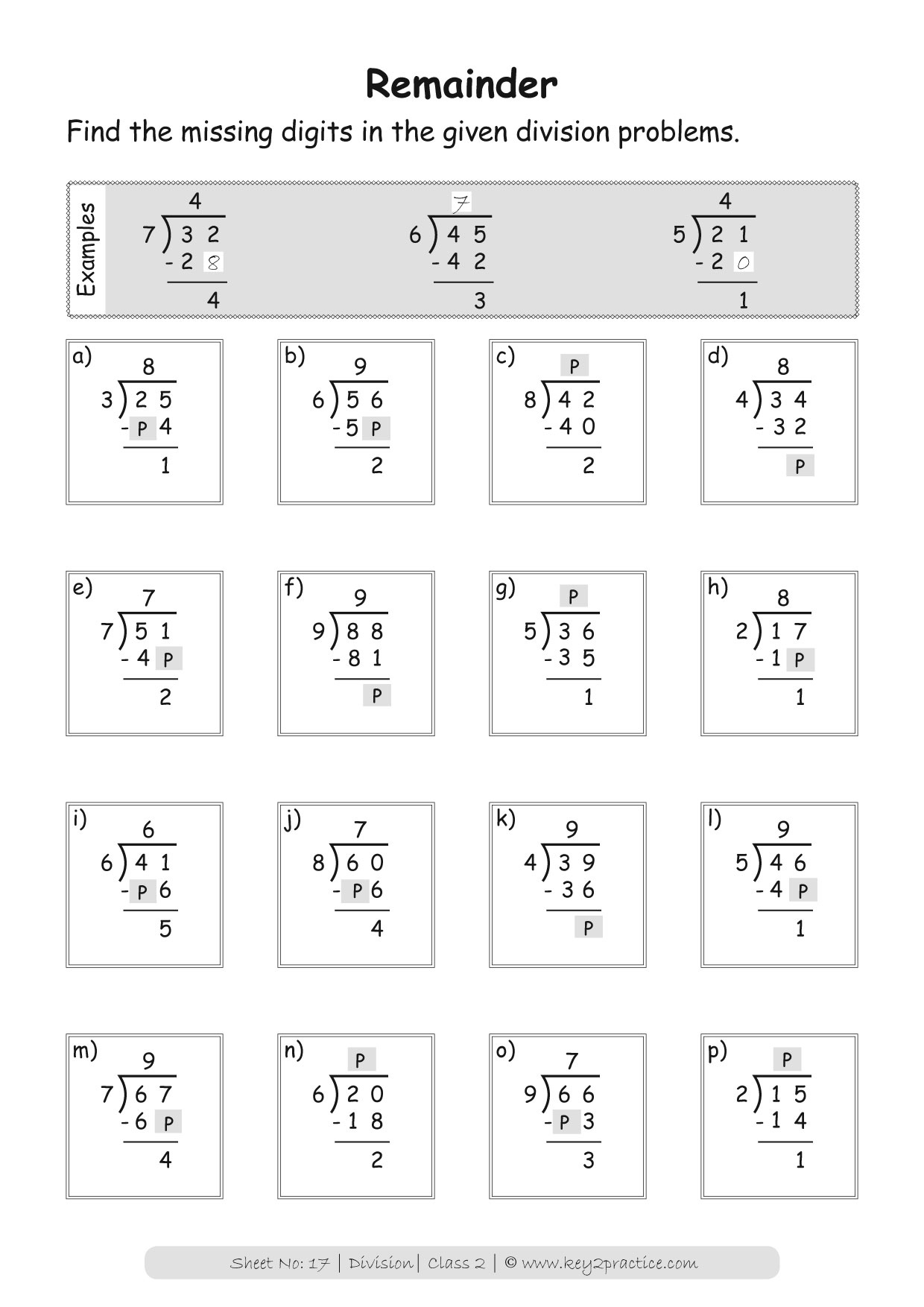 Maths Worksheets on Division for Grade 2 key2practice