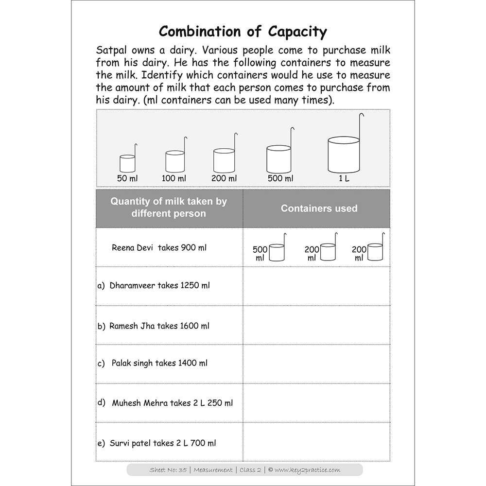 Measurements (combination of capacity) maths practice workbooks