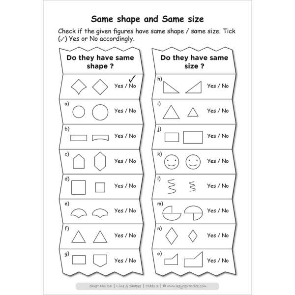 Lines and shapes (same sape and same size) worksheets for grade 3