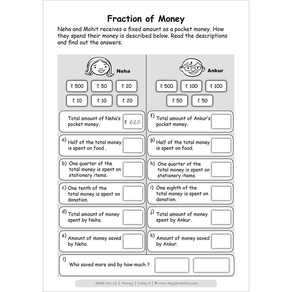 Money (fraction of money) worksheets for grade 3
