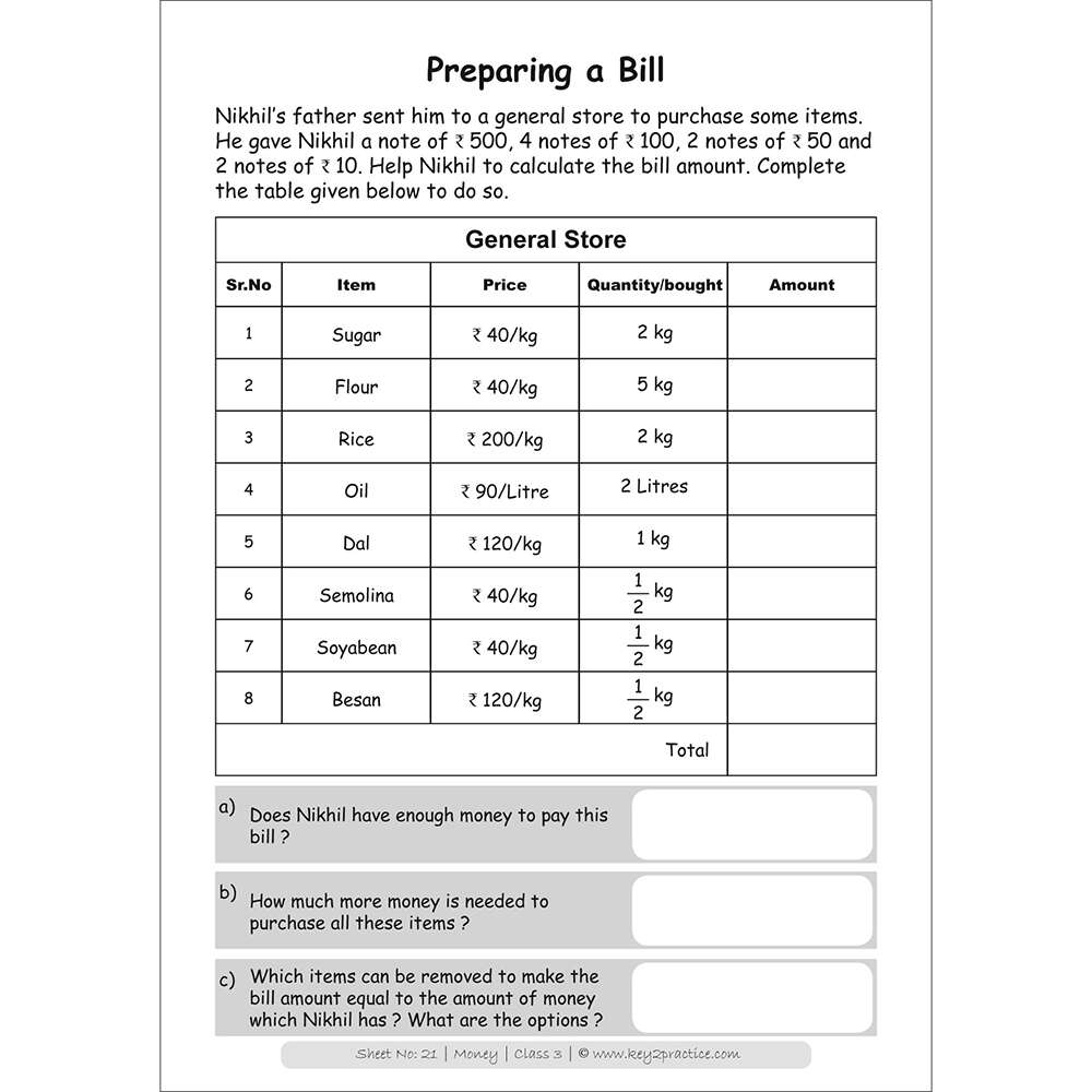 Money (preparing a bill) maths practice workbooks
