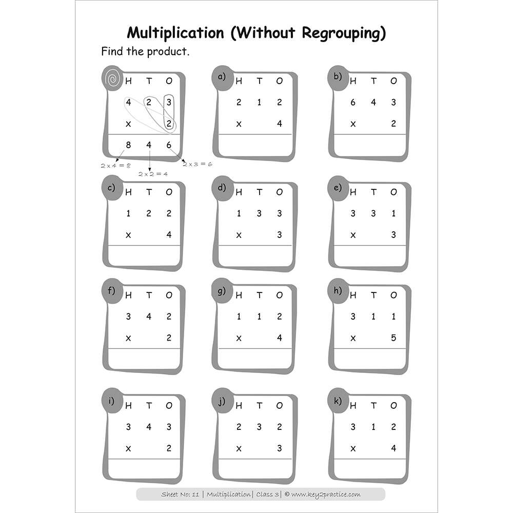 Multiplication (without regrouping) worksheets for grade 3