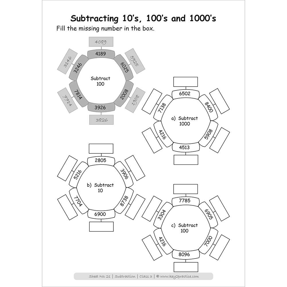 Subtraction (10, 100, 1000) worksheets for grade 3