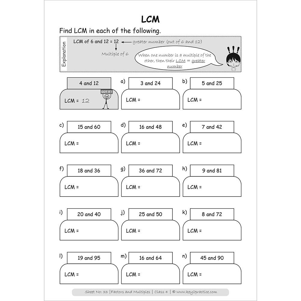 Factors and multiples (LCM) maths practice workbooks grade 4