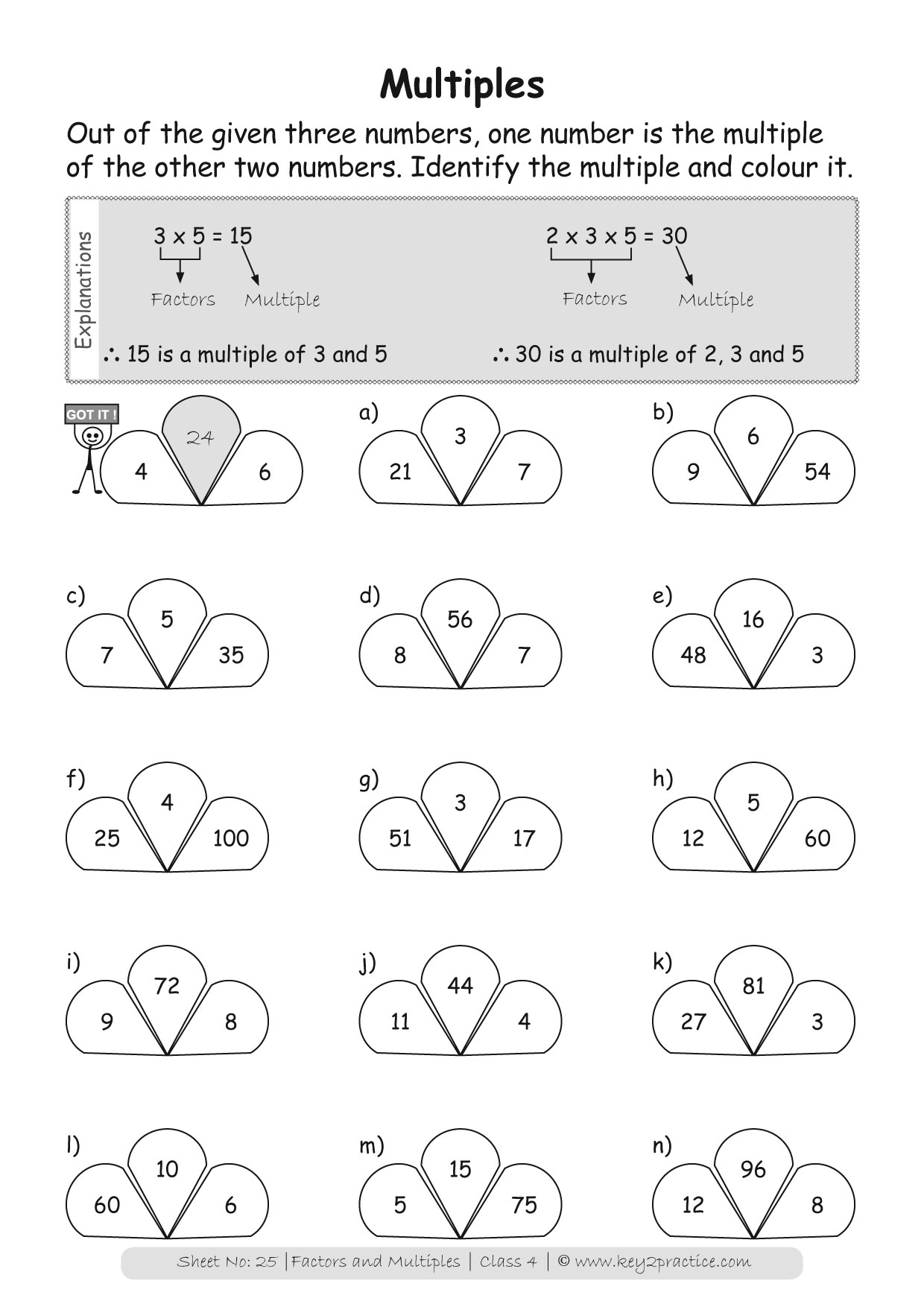 Worksheet Of Factors And Multiples For Class 4th