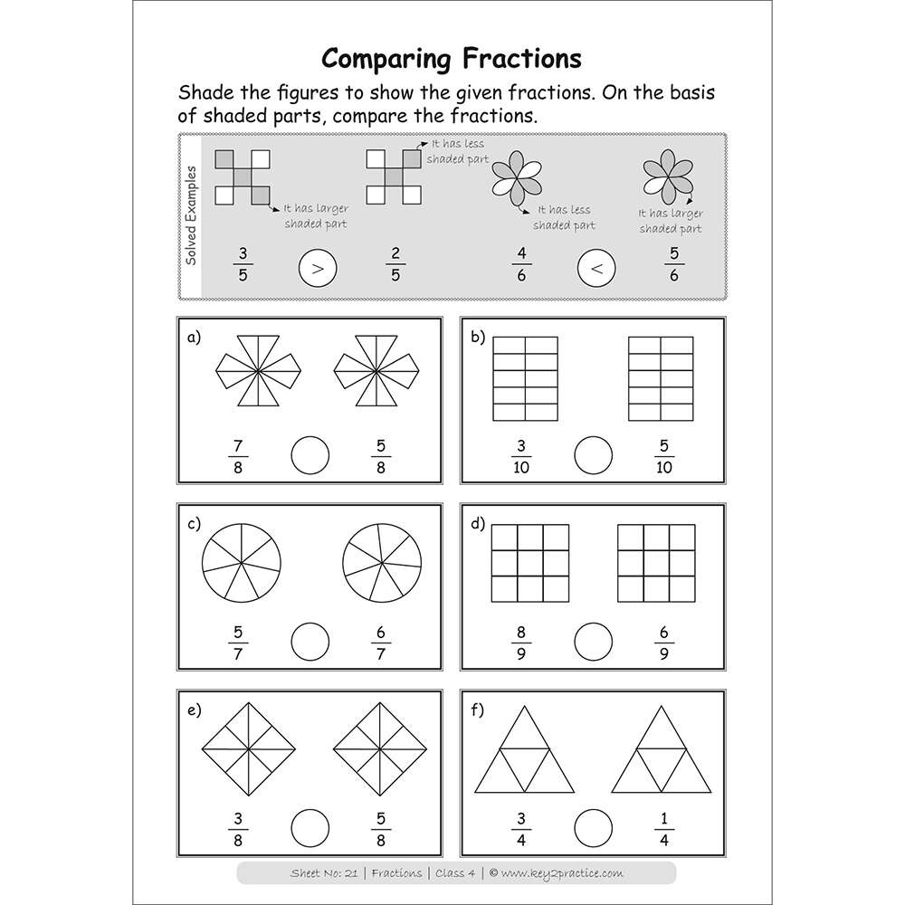 Fractions (comparing fractions) worksheets for grade 4