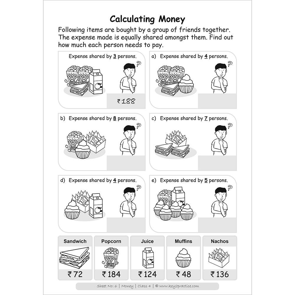 Money (calculating of money) worksheets for grade 4