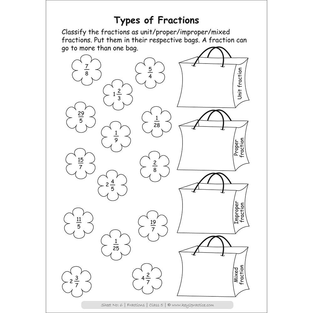 Fractions (types of fractions) maths practice workbooks
