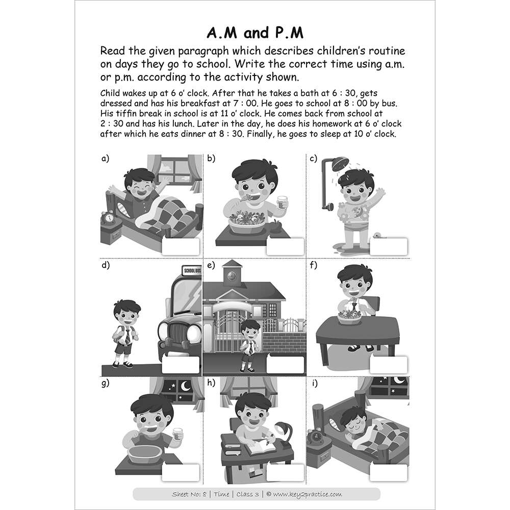 Time (AM and PM) worksheets for grade 3