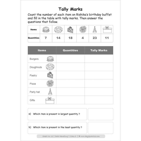 Data handling (tally marks) worksheets for grade 5