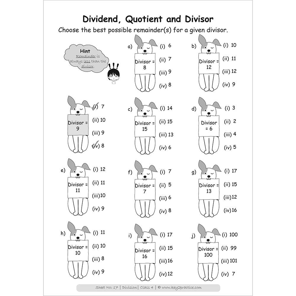 Division (Dividend, Quotient and divisor) worksheets for grade 4