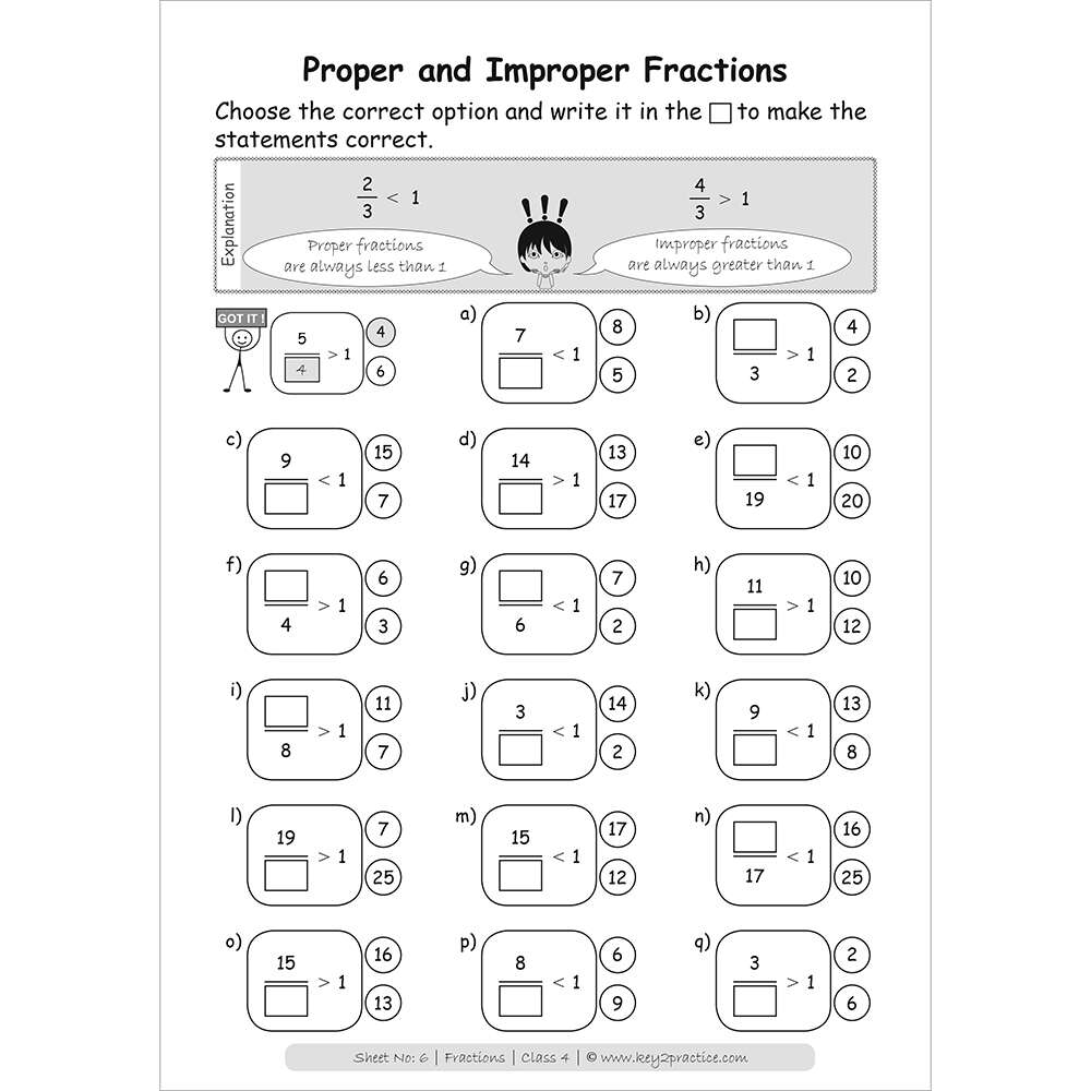 Fractions (proper and improper fractions) maths practice workbooks