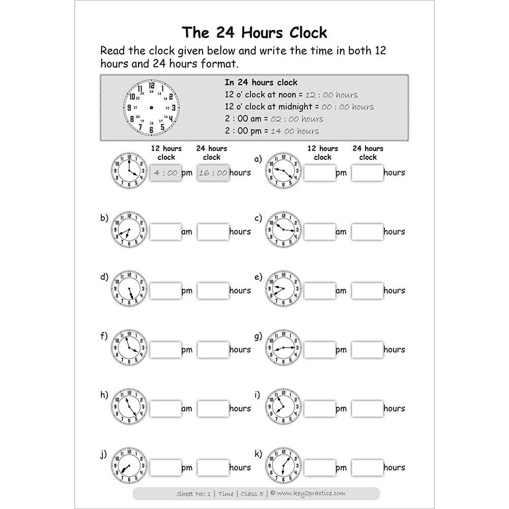 Time (the 24 hours clock) maths practice workbooks