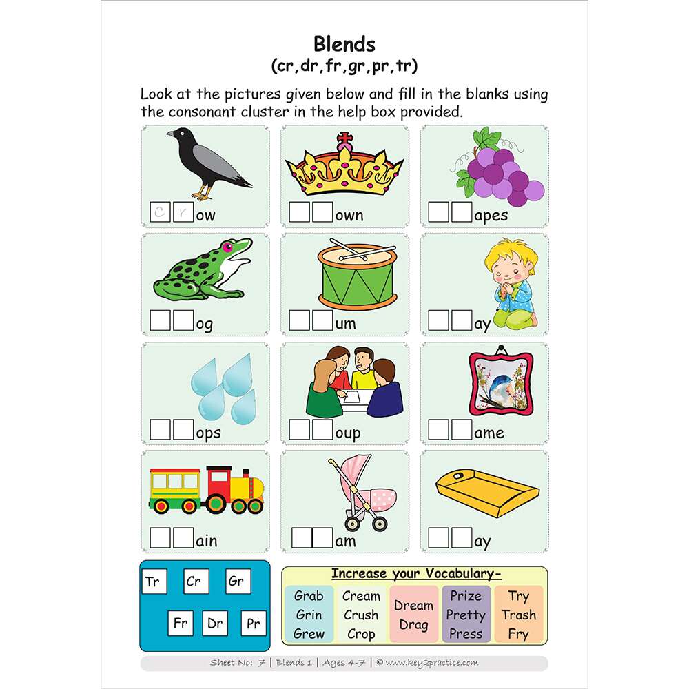 blends (cr, dr, fr, gr, pr, tr) worksheets for pre primary
