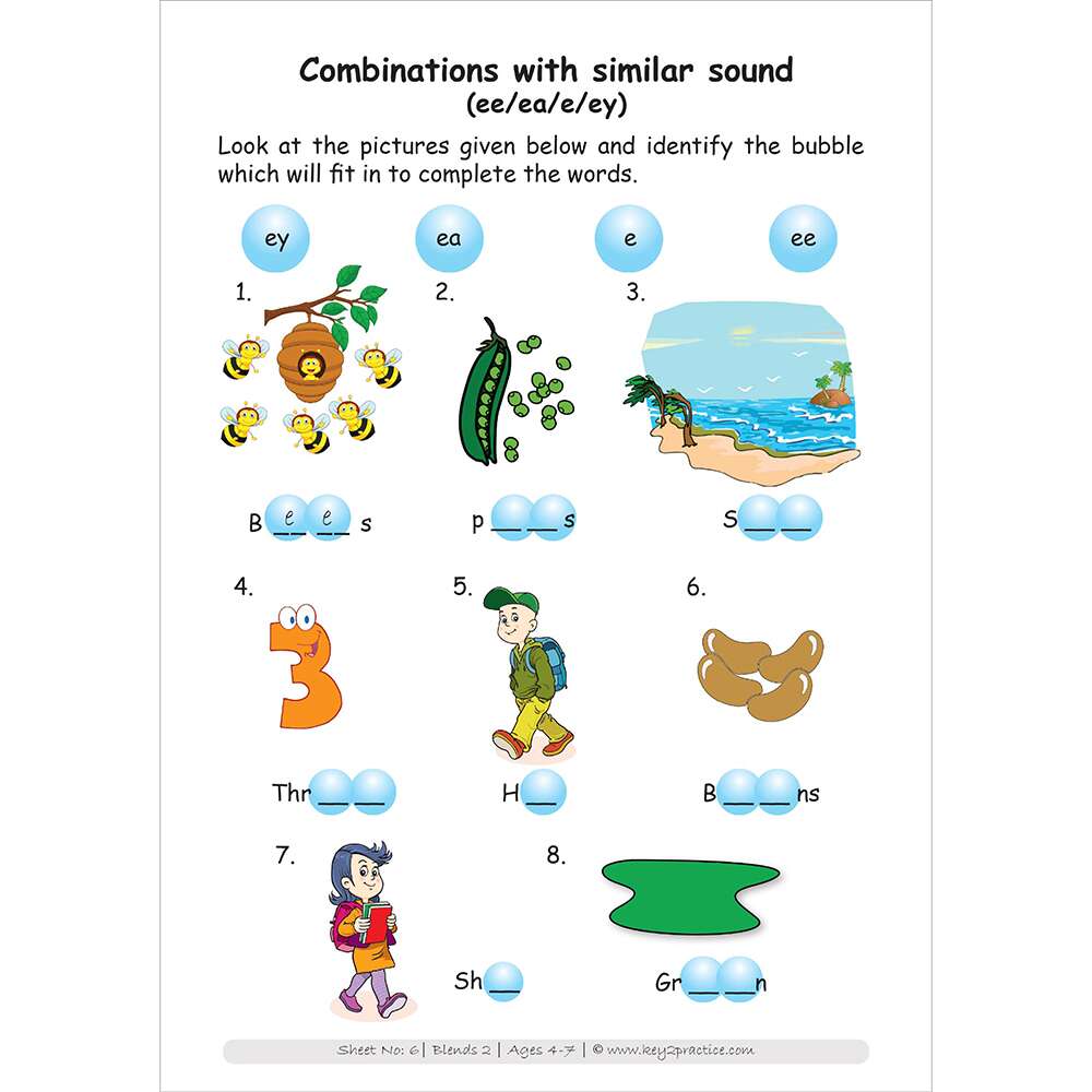 Blends (combinations with similar sound (ee/ea/e/ey)) worksheets for pre primary