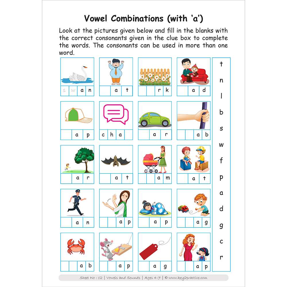 Vowel combinations with a worksheets for pre primary