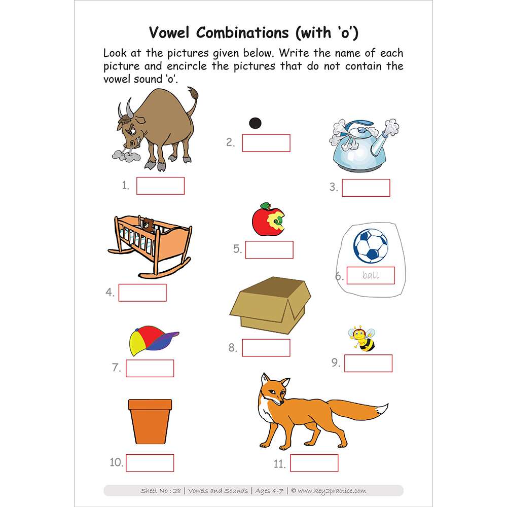 vowels and sounds (vowel combinations with o) worksheets for pre primary