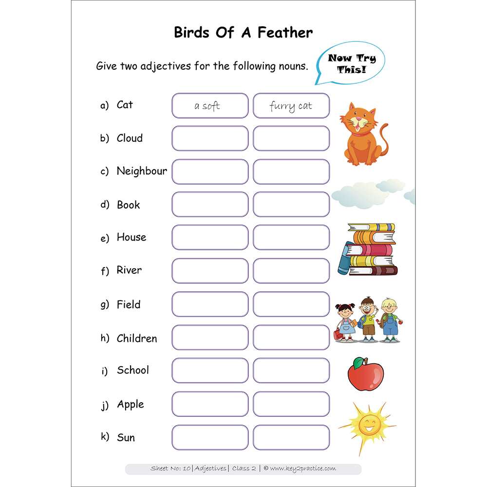 Adjectives (birds of a feather) worksheets for grade 2