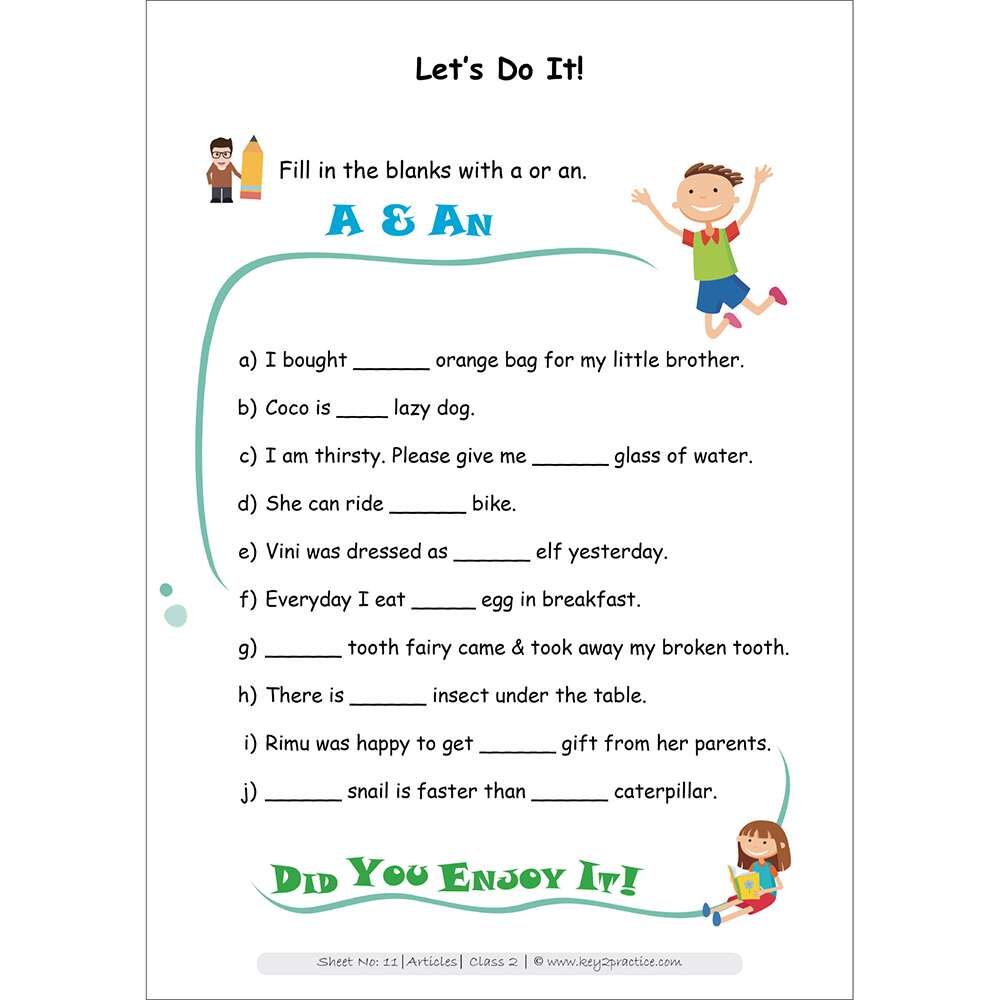 articles (a and an) worksheets for grade 2