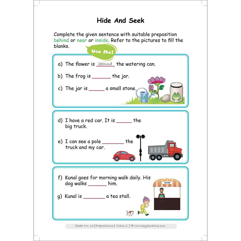 Prepositions (hide and seek) worksheets for grade 2