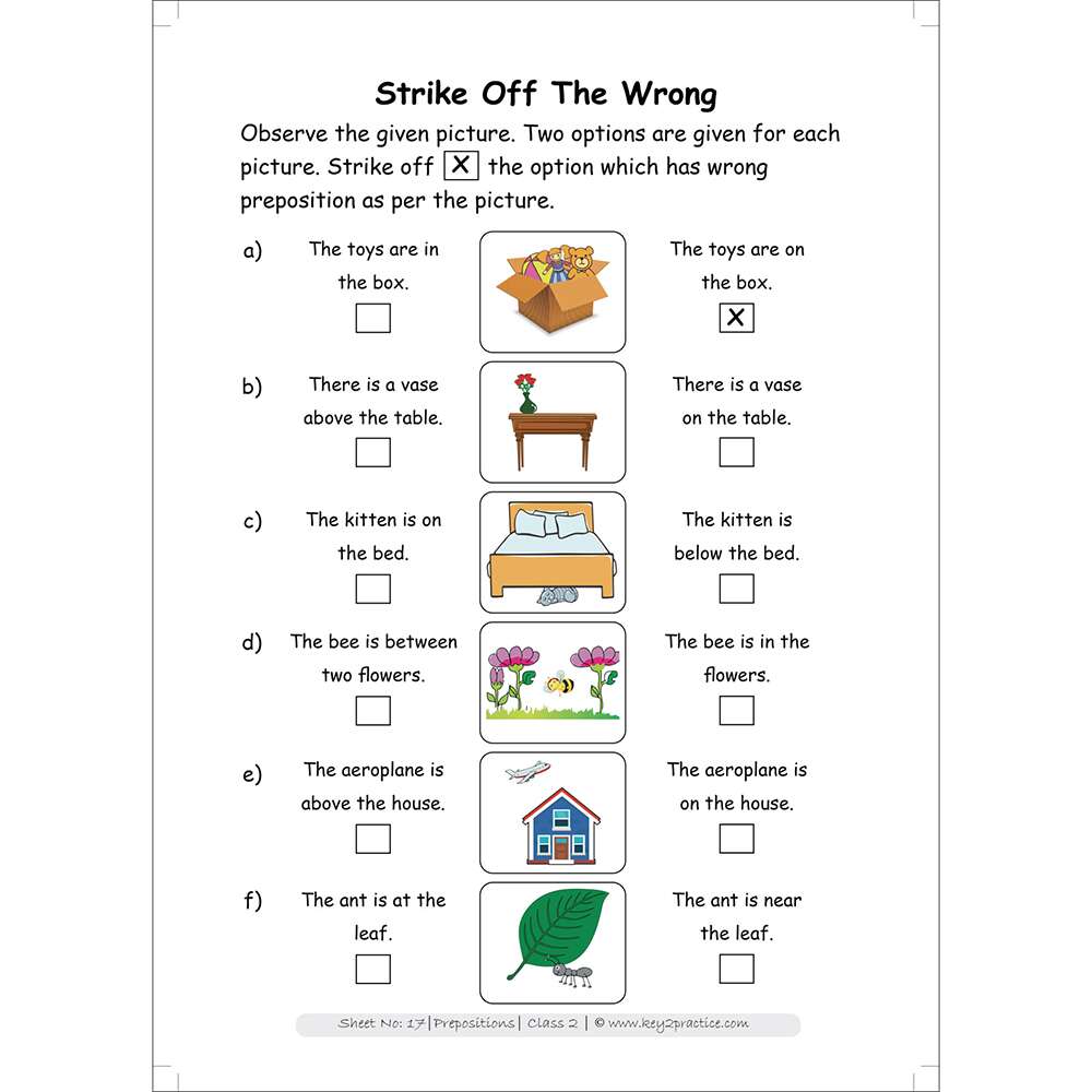 Prepositions (strike off the wrong) worksheets for grade 1