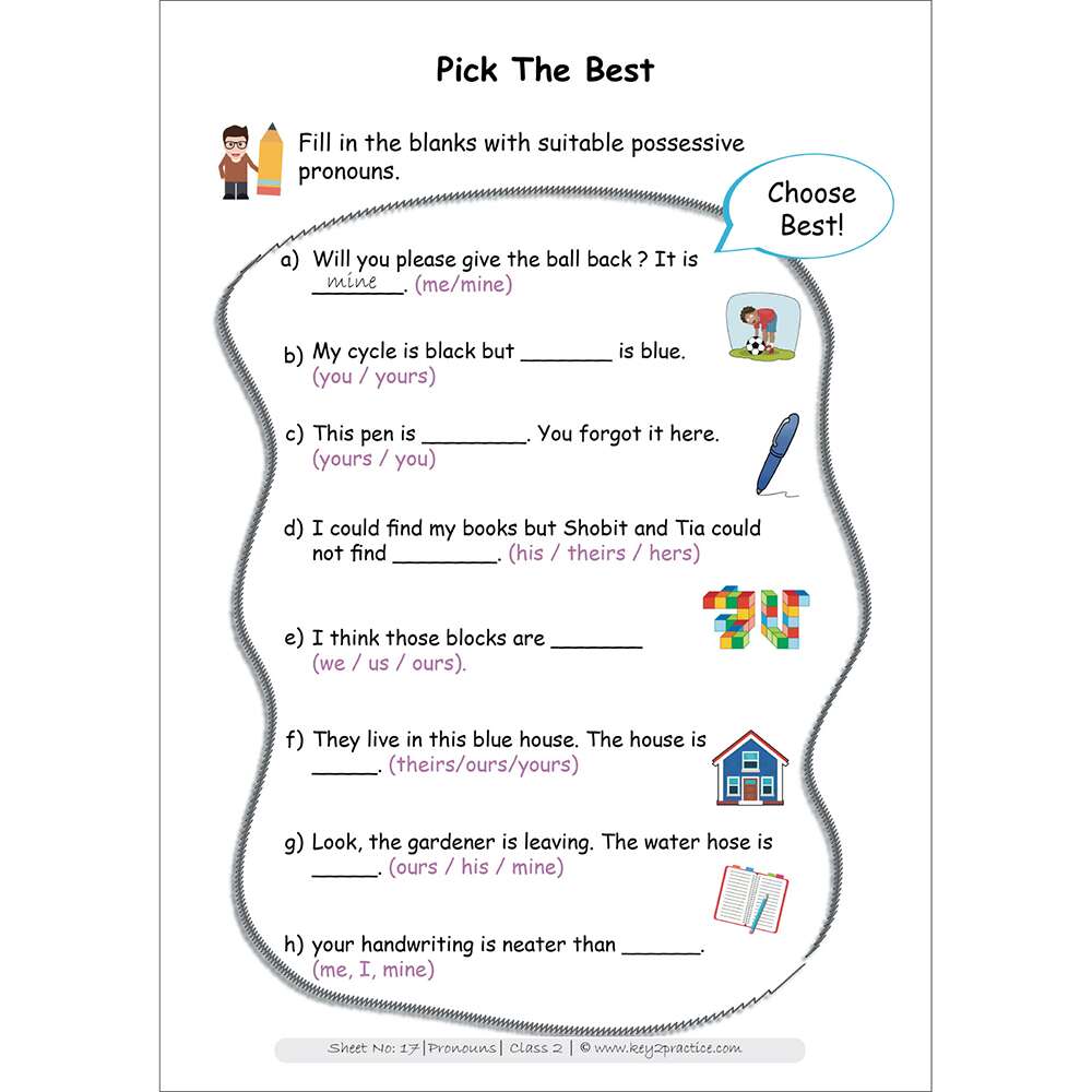 Pronouns (pick the best) worksheets for grade 2