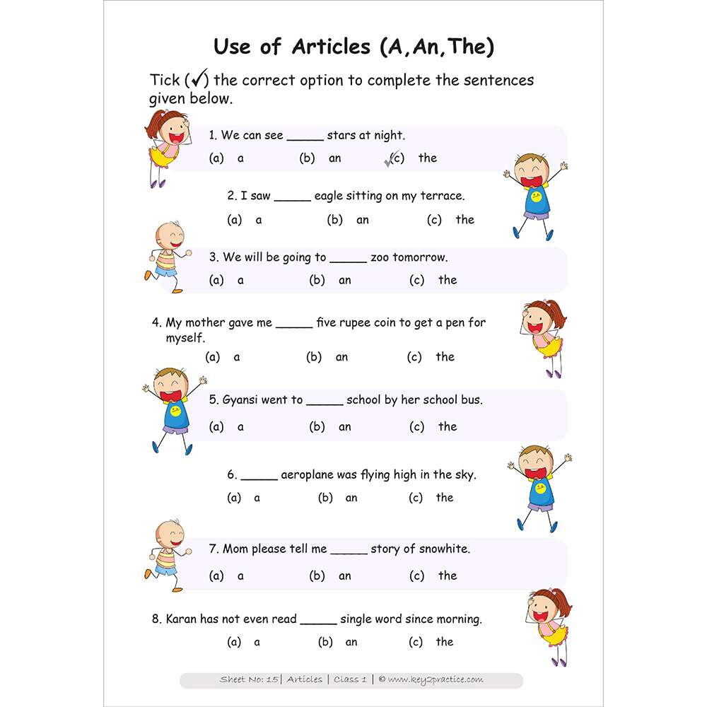 Articles (Use of a, an, the) worksheets for class 1
