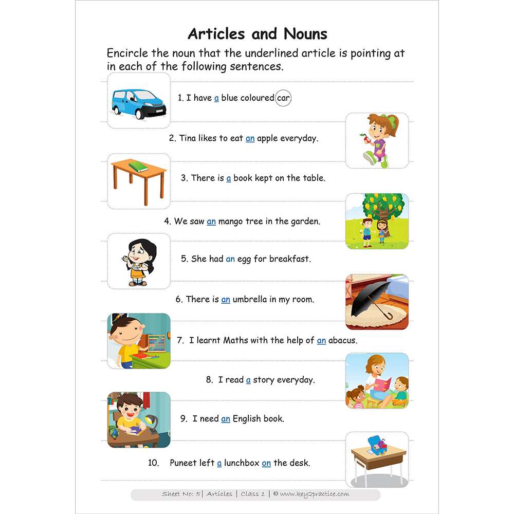 Articles and nouns (Use of a, an, the) worksheets for class 1