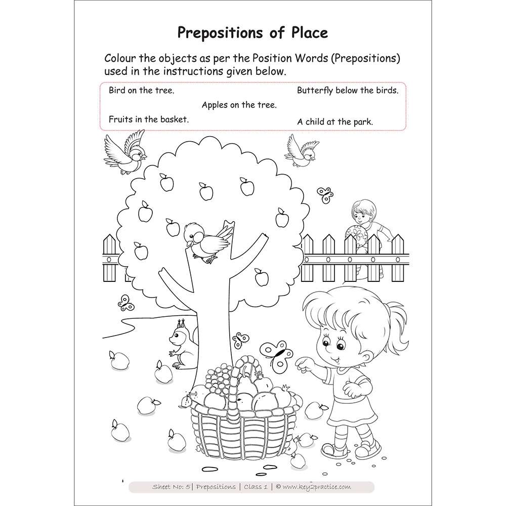 Prepositions of place (on, in, below, at) worksheets for grade 1