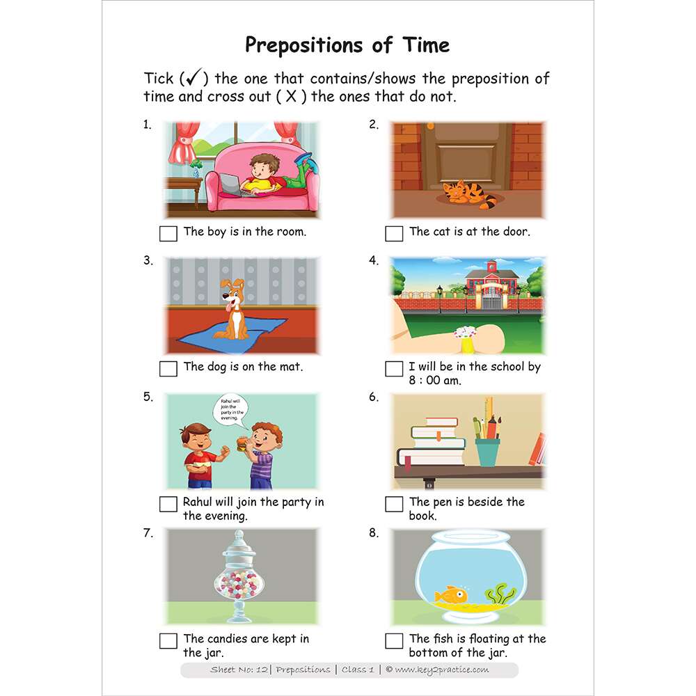 Prepositions of time (on, in, below, at, beside) worksheets for grade 1