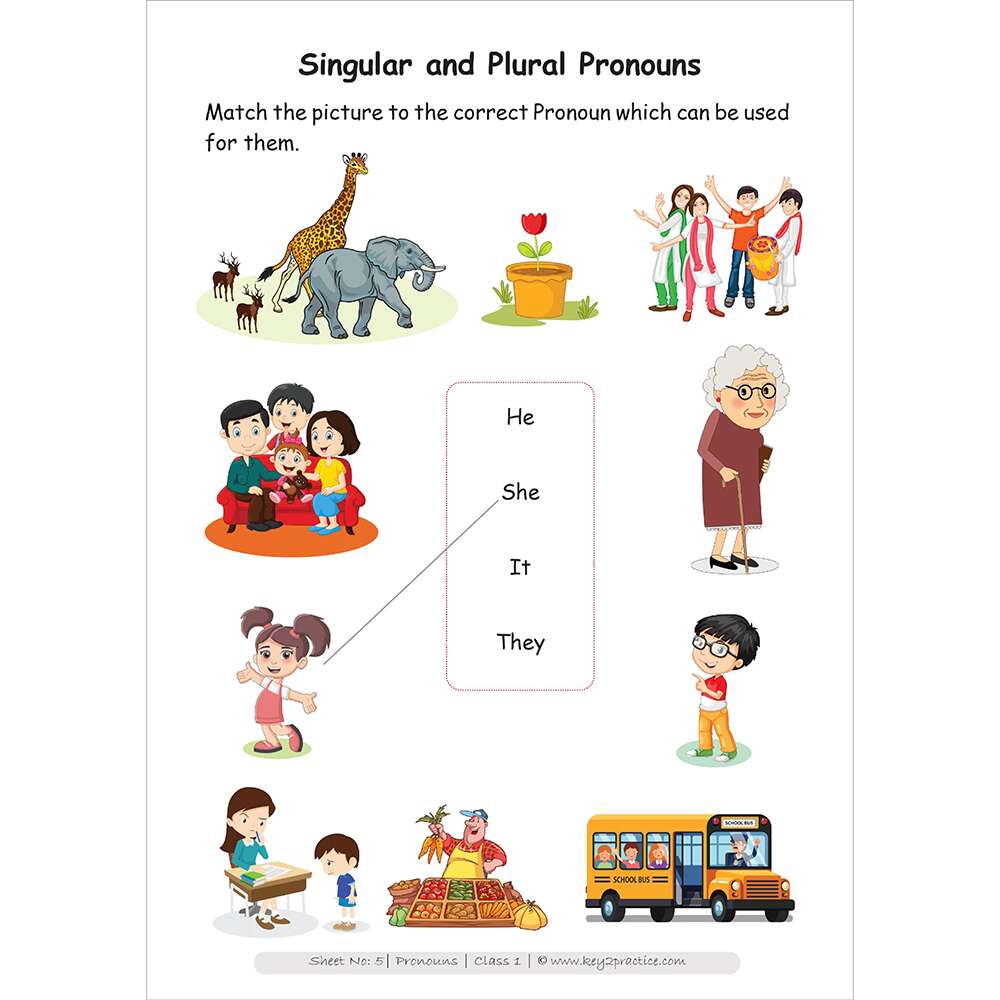 Singular and Plural pronouns (he, she, it, they) worksheets for grade 1