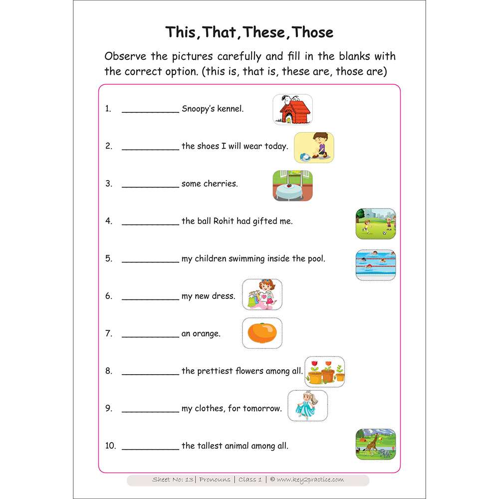 Pronouns (this, that, these, those) worksheets for grade 1