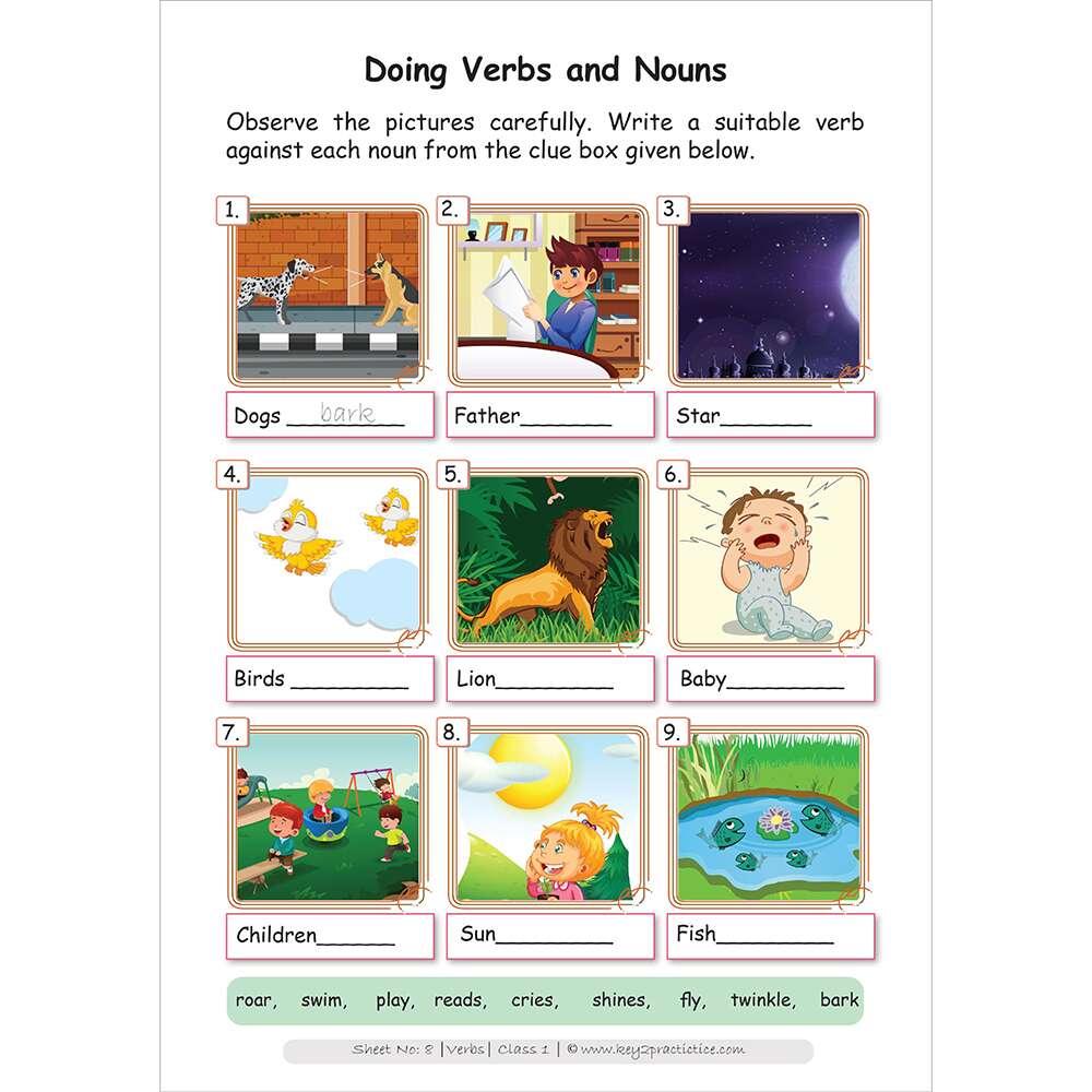 Doing verbs and nouns worksheets for grade 1
