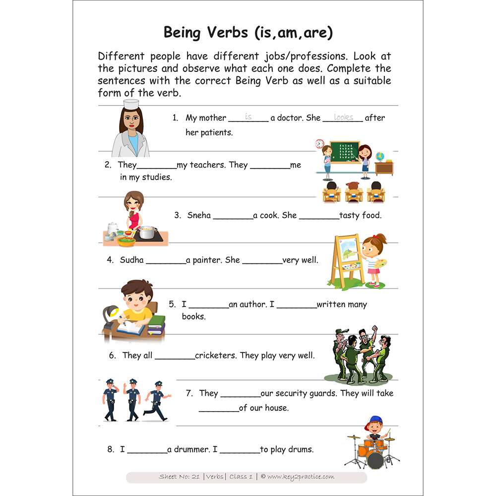 Being verbs (is, am, are) worksheets for grade 1