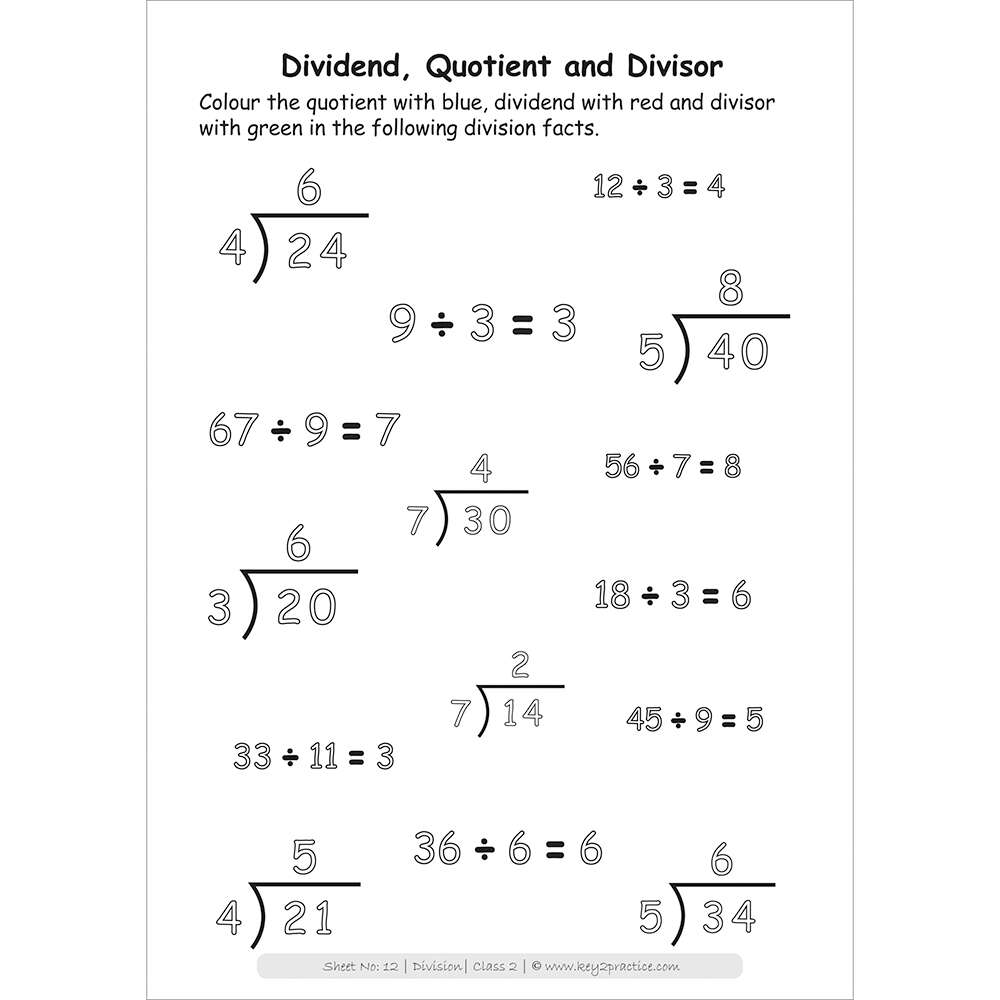 Division (dividend, quotient and divisor) worksheets for grade 2