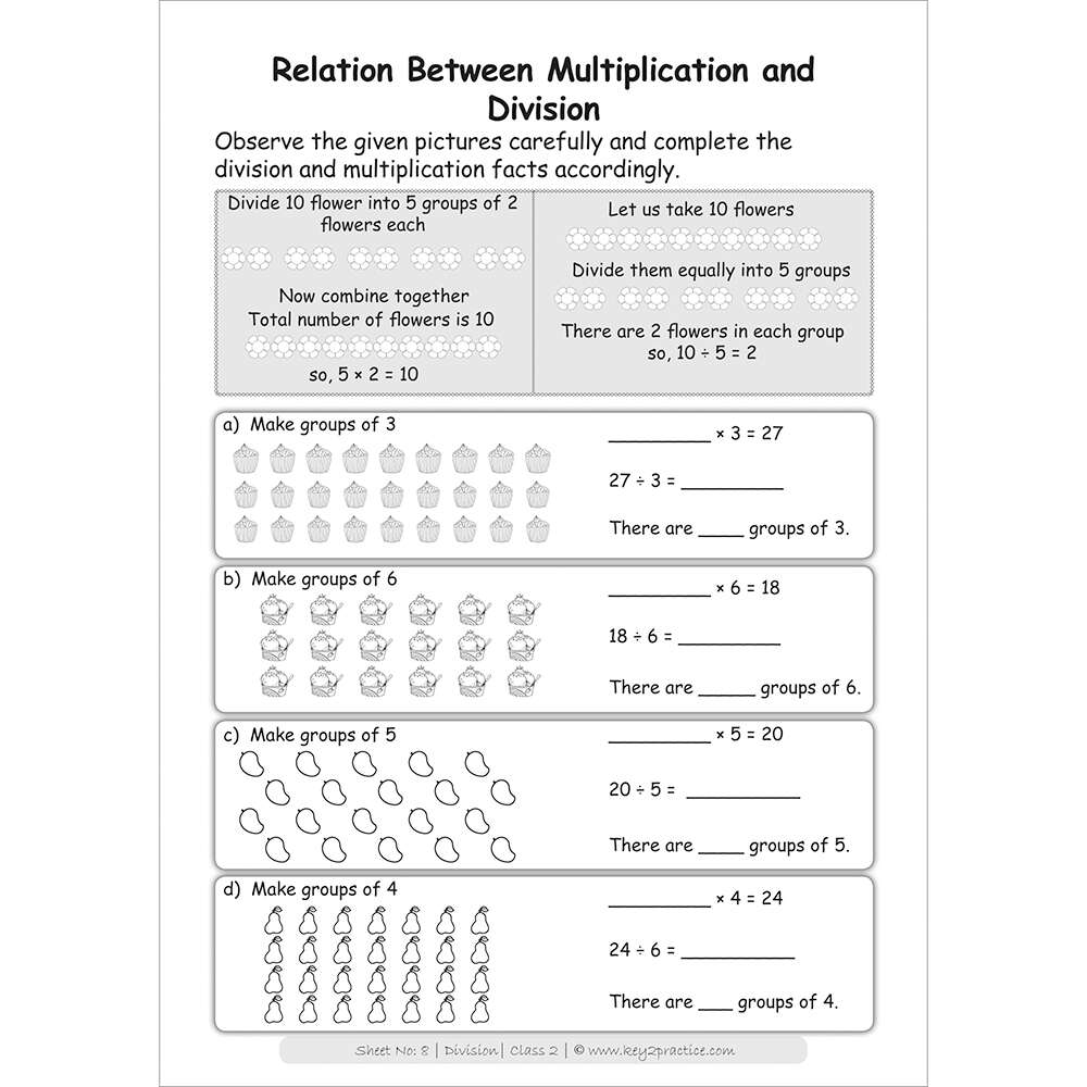 Division (relation between multiplication and division) worksheets for grade 2
