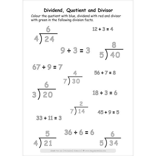 Division (dividend, quotient and divisor) maths practice workbooks