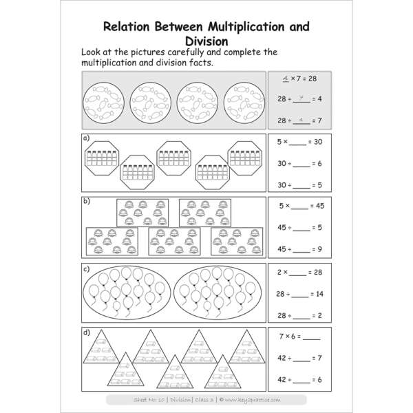 Division (relation between multiplication and division) worksheets for grade 3