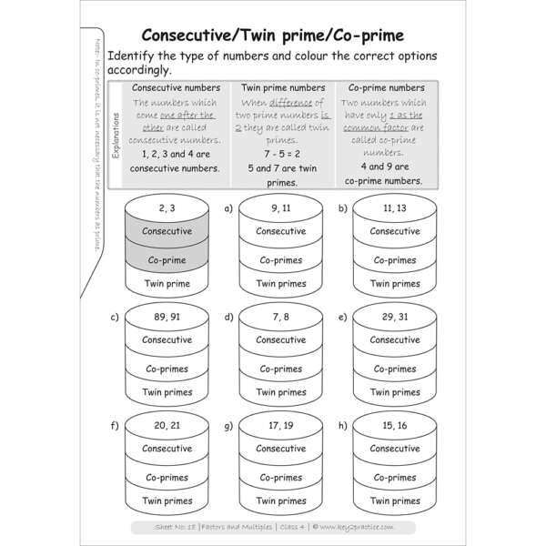 Factors and multiples (consecutive/twin prime/co-prime) practice workbooks