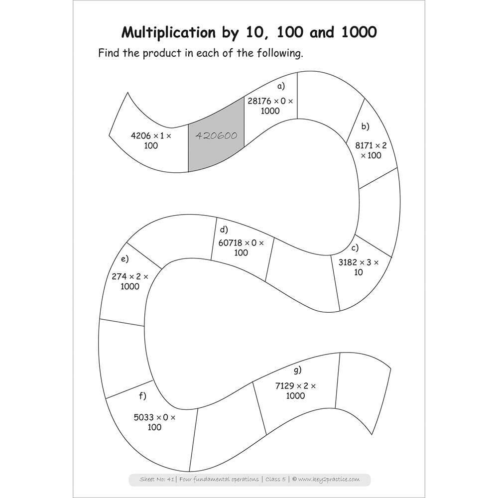 Four fundamental opractions (multiplication by 10, 100, and 1000) maths practice workbooks