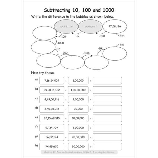 Four fundamental opractions (subtracting by 10, 100, and 1000) maths practice workbooks