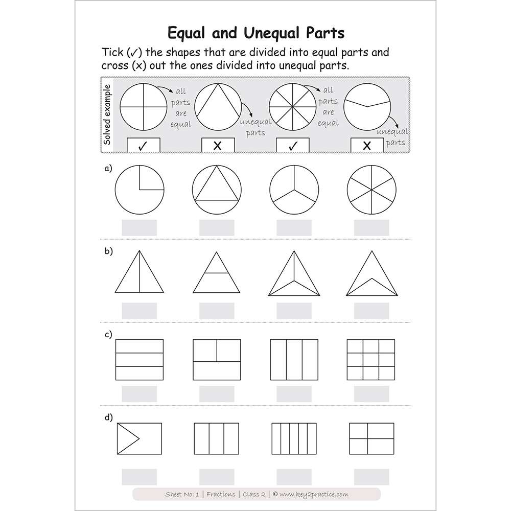 Fractions (equal and unequal parts) worksheets for grade 2