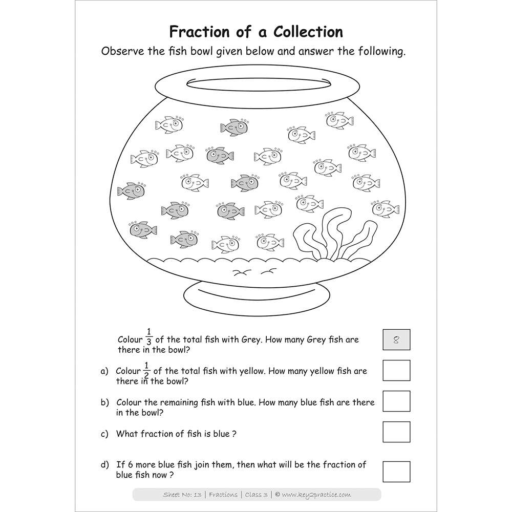 Fractions (fraction of a collection) worksheets for grade 3