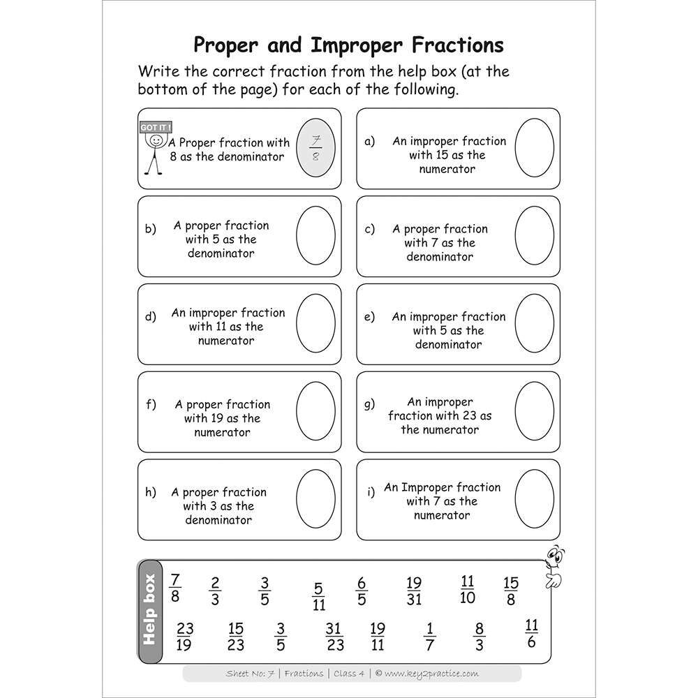 Fractions (proper and improper fraction) worksheets for grade 4