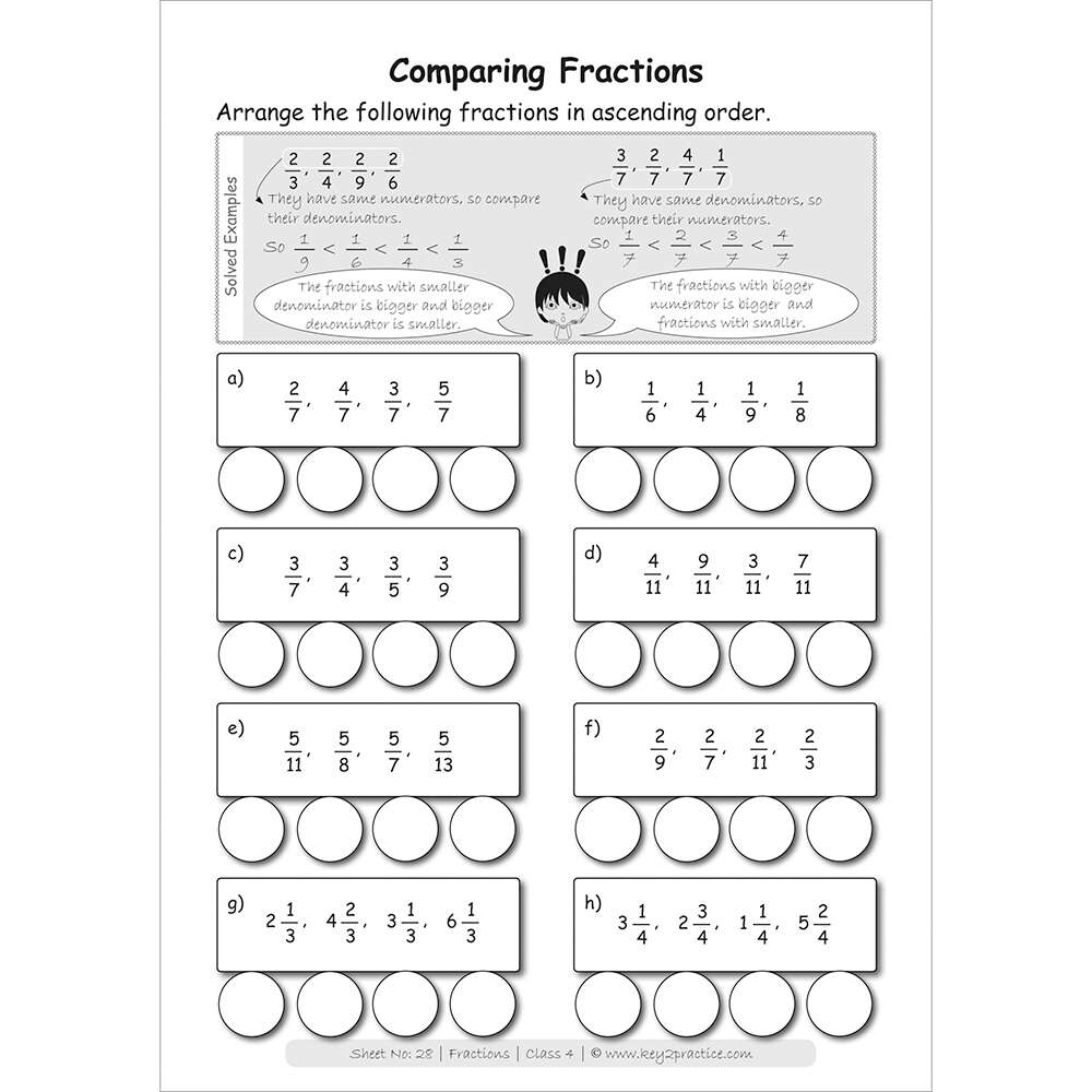 Fractions (comparing fractions) worksheets for grade 3